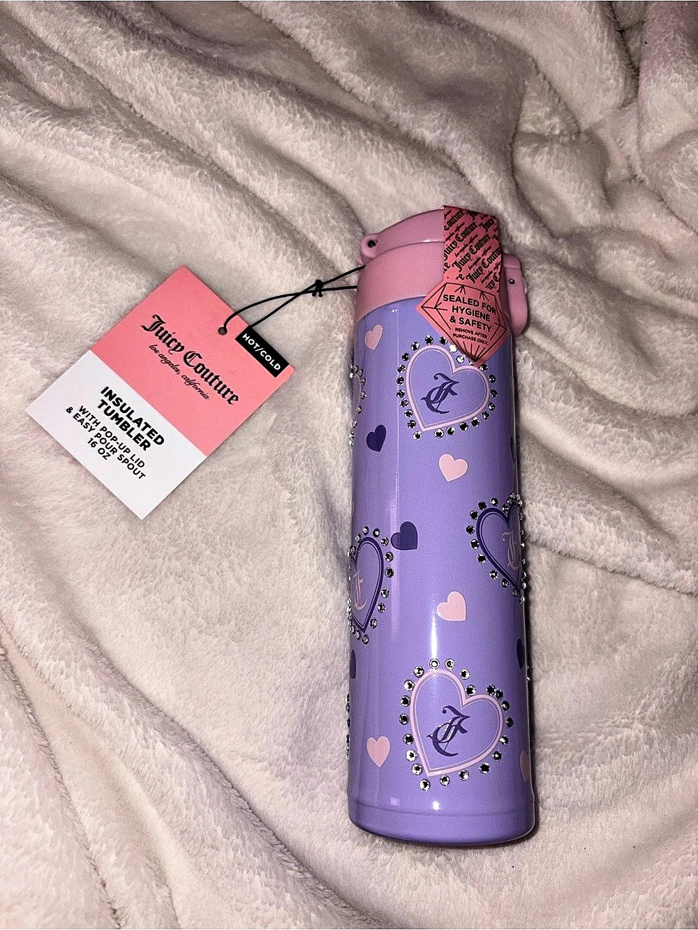 Juicy Couture Rhinestone Heart Insulated Tumbler 16oz Purple & Pink NWT